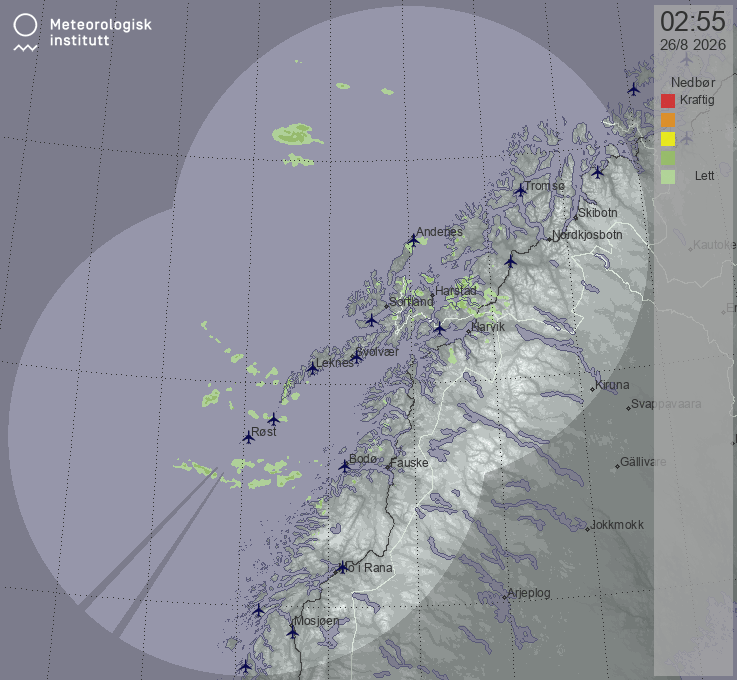 Animated precipitation radar for northern Nordland, updated every five minutes